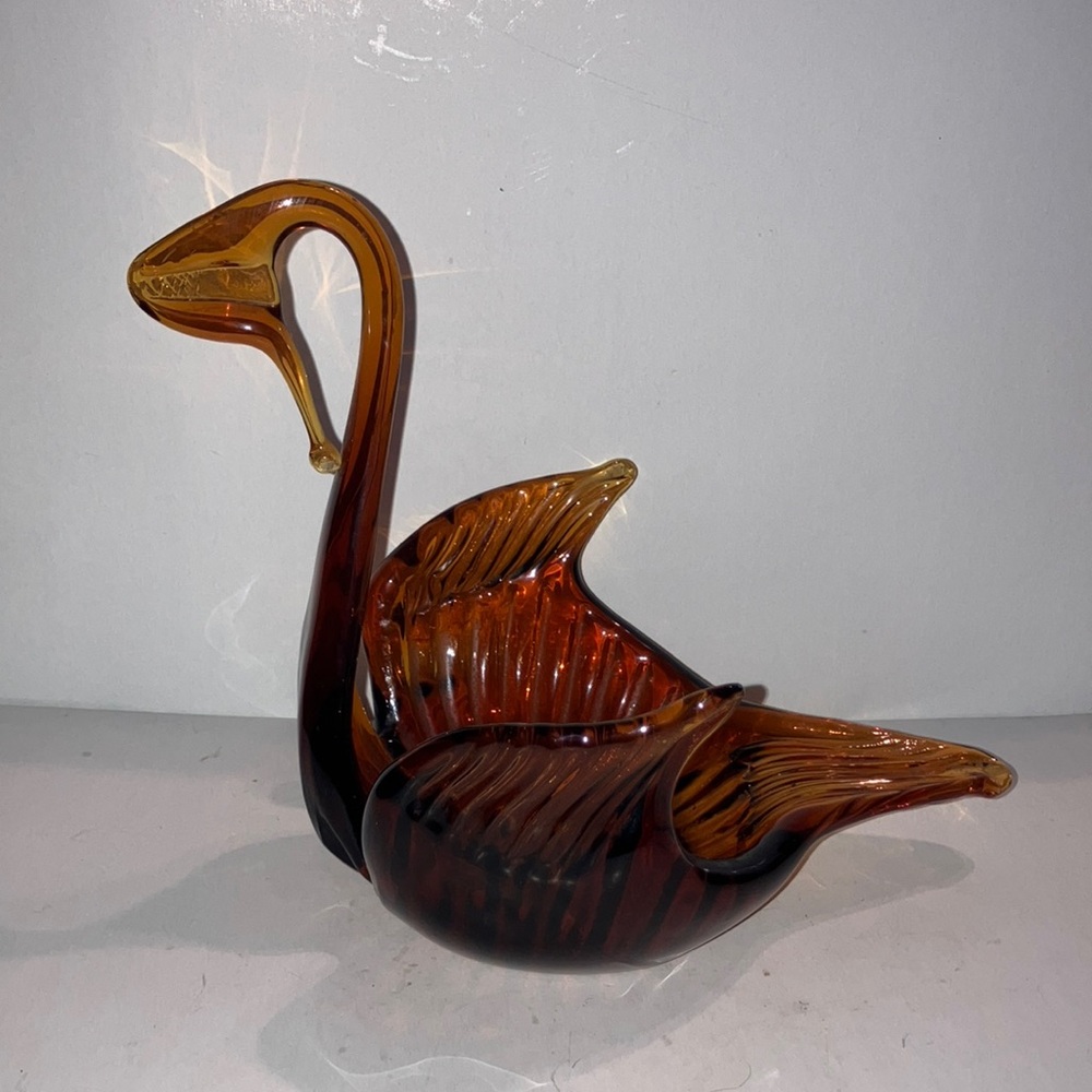 Mid-Century Amber‎ Glass Swan Candy Dish